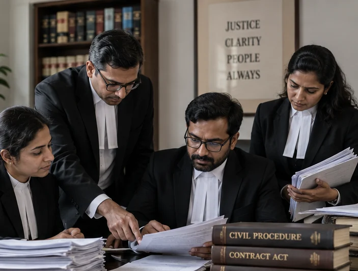 Illustrative legal team reviewing documents