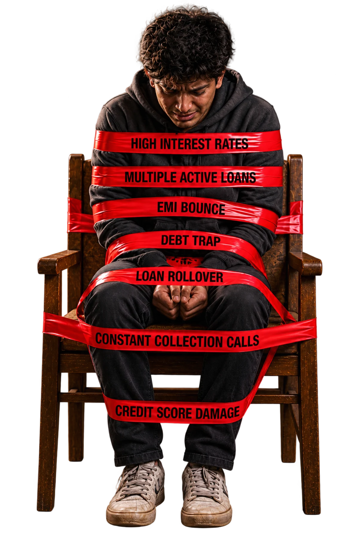 Illustrative campaign portrait 1: a person seated with red ribbons representing high interest, multiple loans, missed payments and collection calls.