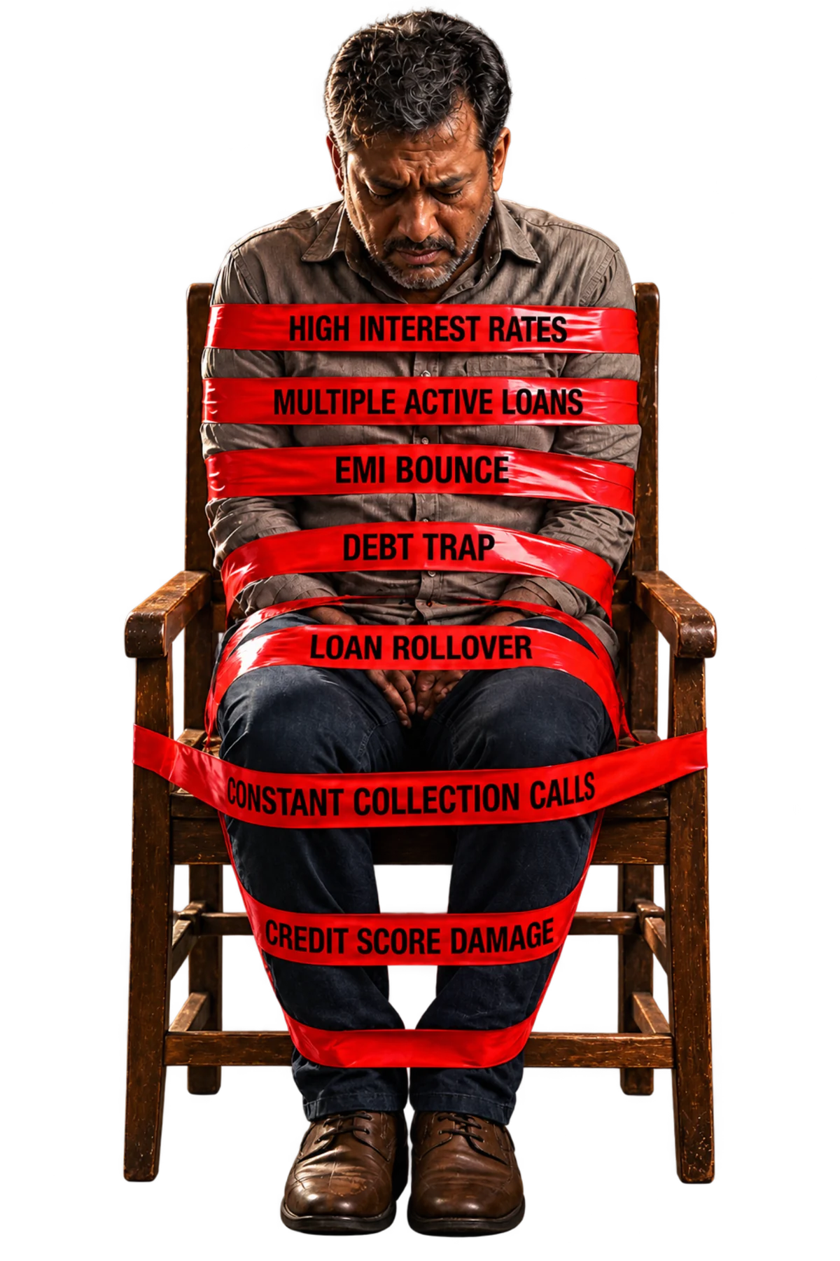 Illustrative campaign portrait 2: a person seated with red ribbons representing high interest, multiple loans, missed payments and collection calls.