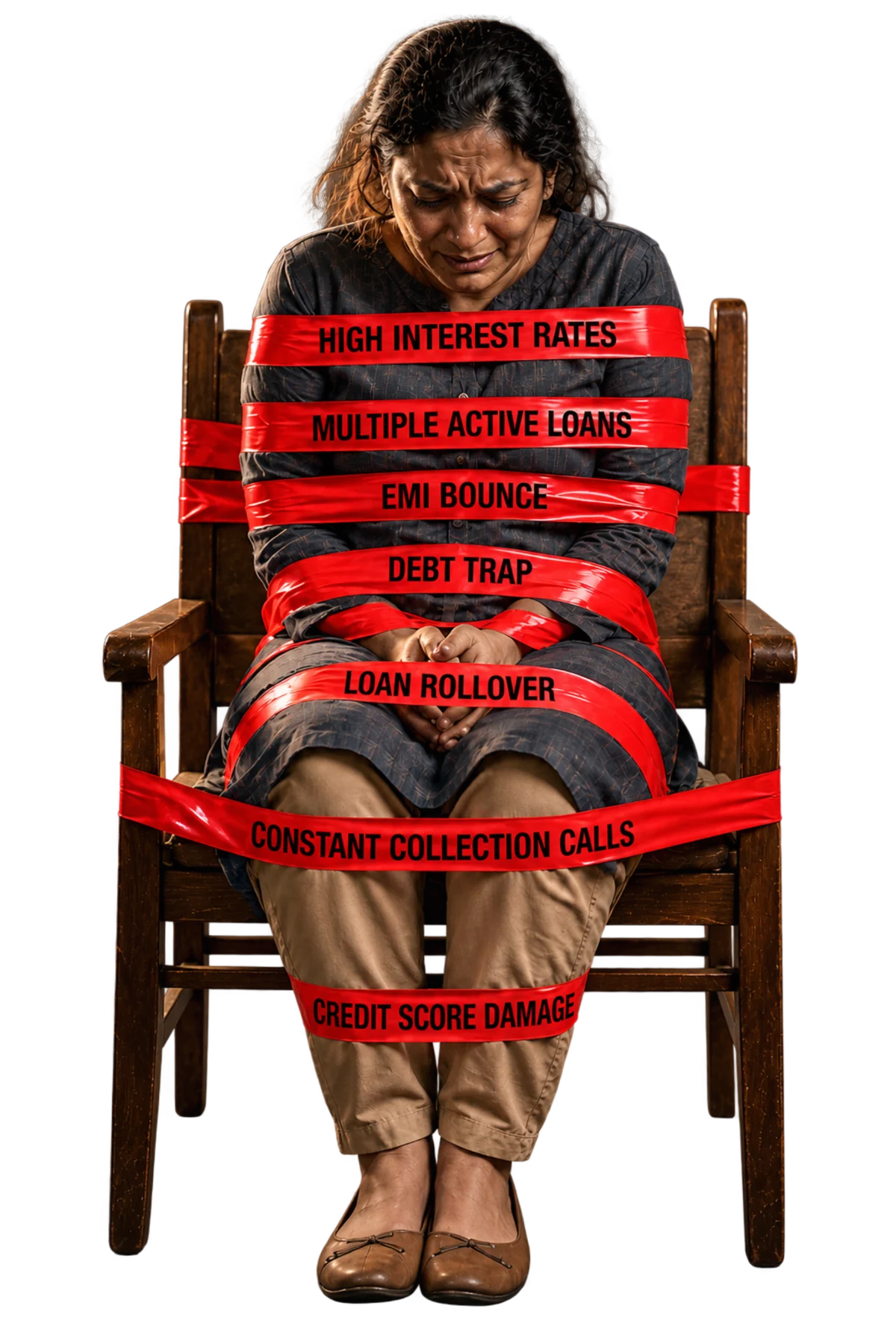 Illustrative campaign portrait 3: a person seated with red ribbons representing high interest, multiple loans, missed payments and collection calls.