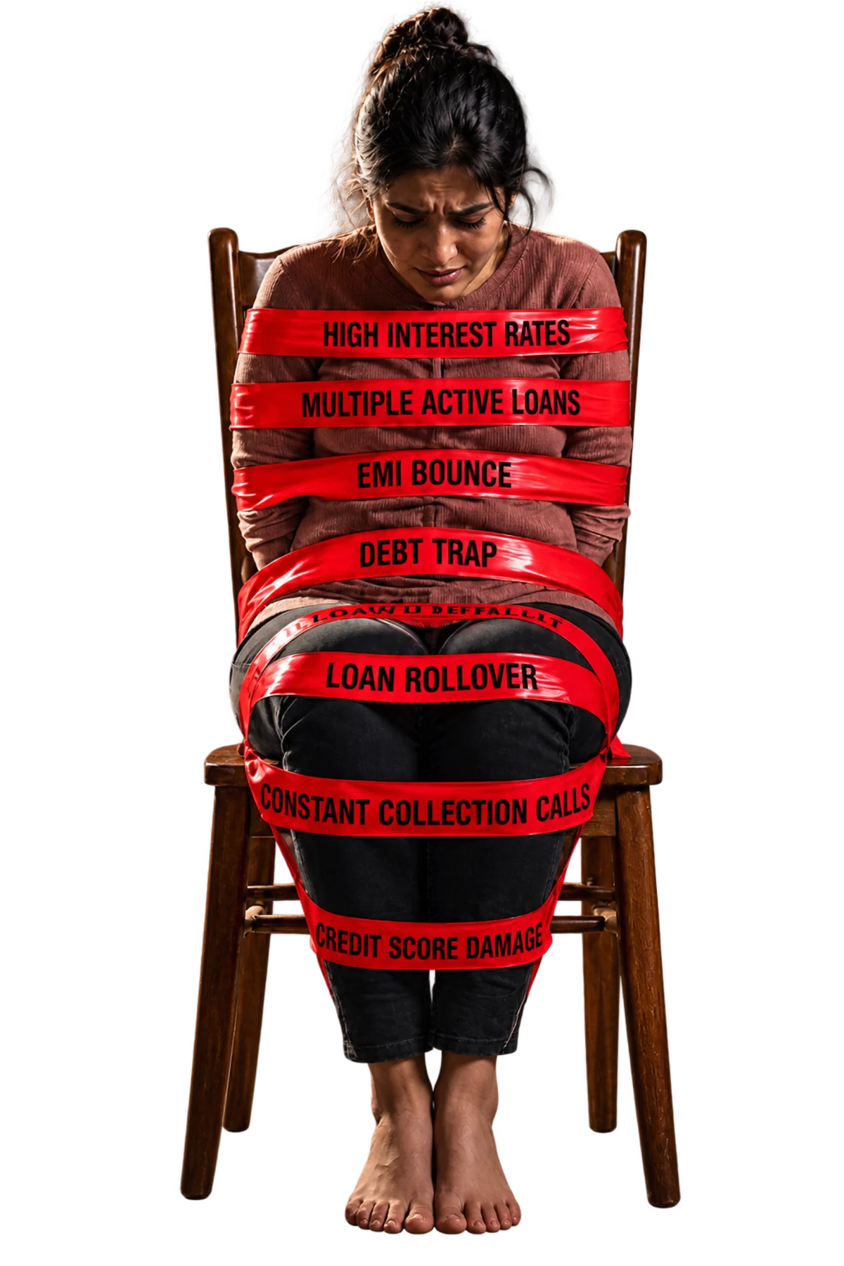 Illustrative campaign portrait 4: a person seated with red ribbons representing high interest, multiple loans, missed payments and collection calls.